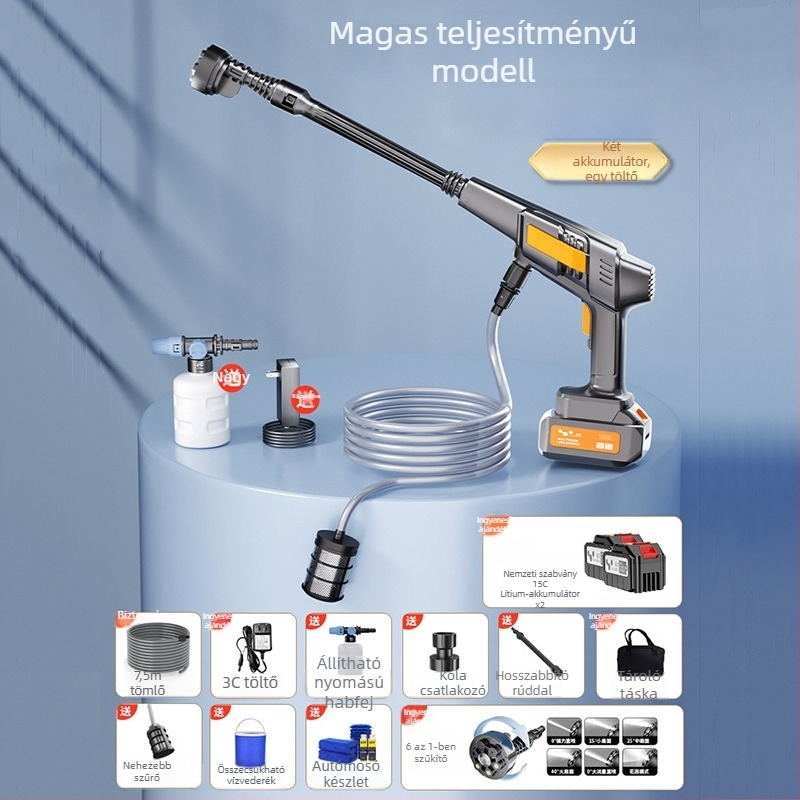 Vezeték nélküli autómosó gép nagynyomású vízsugárral – hordozható otthoni és autó használatra, LB-902, 150W, 220V, nyomás 2,5–25 MPa, súly 2,25 kg