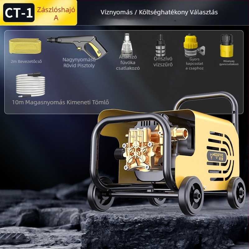 Otthoni használatra szánt magasnyomású autómosó gép, 220V, 1600W, vízcső hossza 10–25 m, tömeg 5 kg, nyomás 2.5–25 MPa