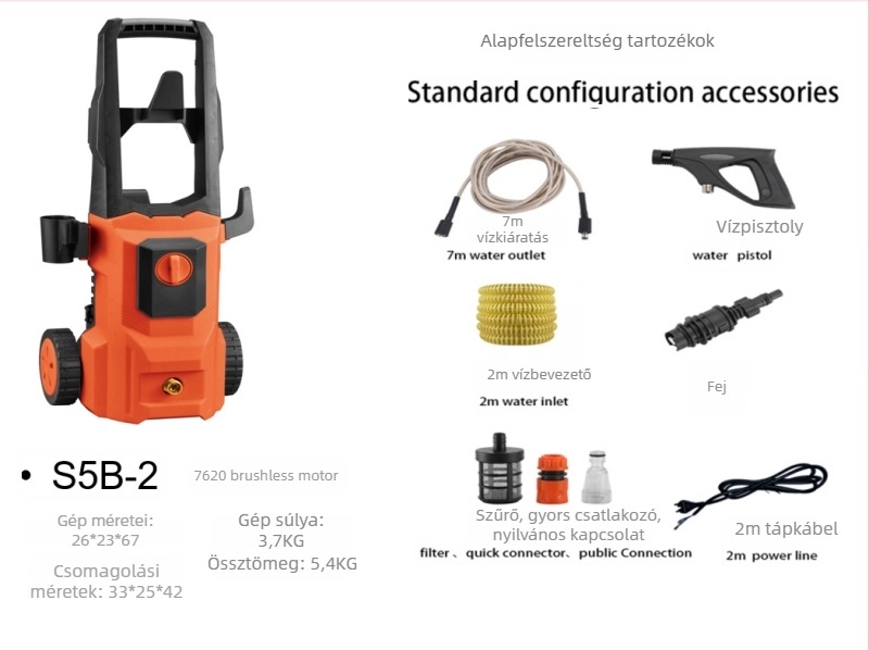 Autómosó gép, 1300 W, 220 V, modell Q4, tartomány nyomás 2,5–25 MPa, magasnyomás cső 5 m, vízellátó cső 7 m
