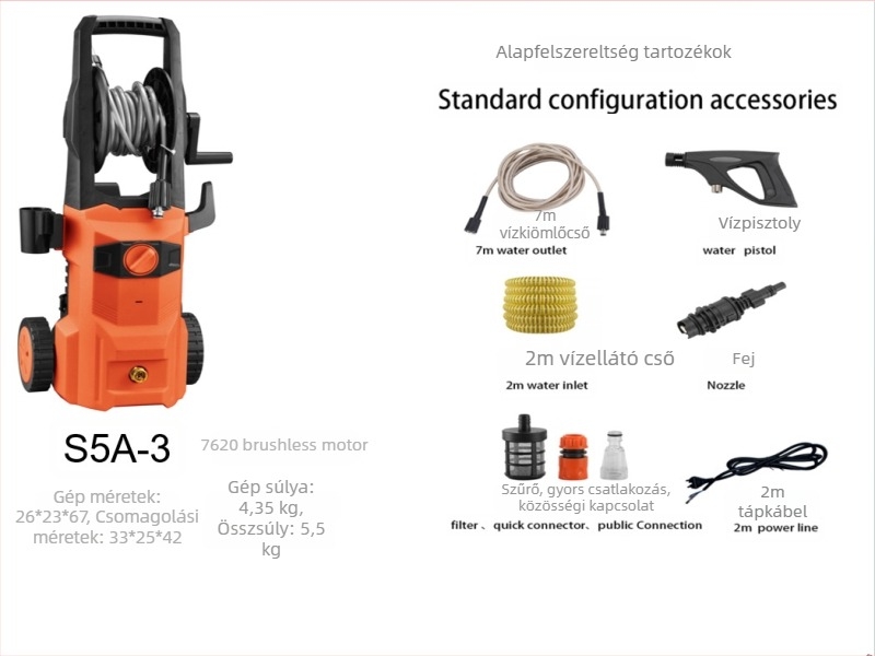 Autómosó gép, 1300 W, 220 V, modell Q4, tartomány nyomás 2,5–25 MPa, magasnyomás cső 5 m, vízellátó cső 7 m