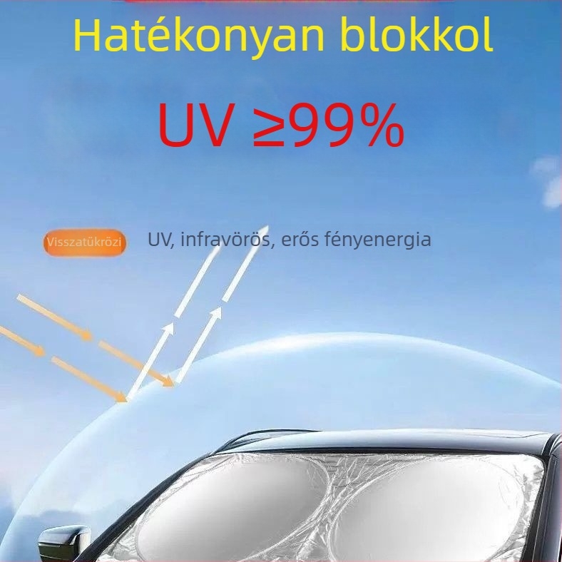 Autó napsugárvédő teleszkópos hajtogatás, alumínium fólia, ezüst bevonat hőszigetelés, logónyomtatás elérhető, univerzális minden modellhez
