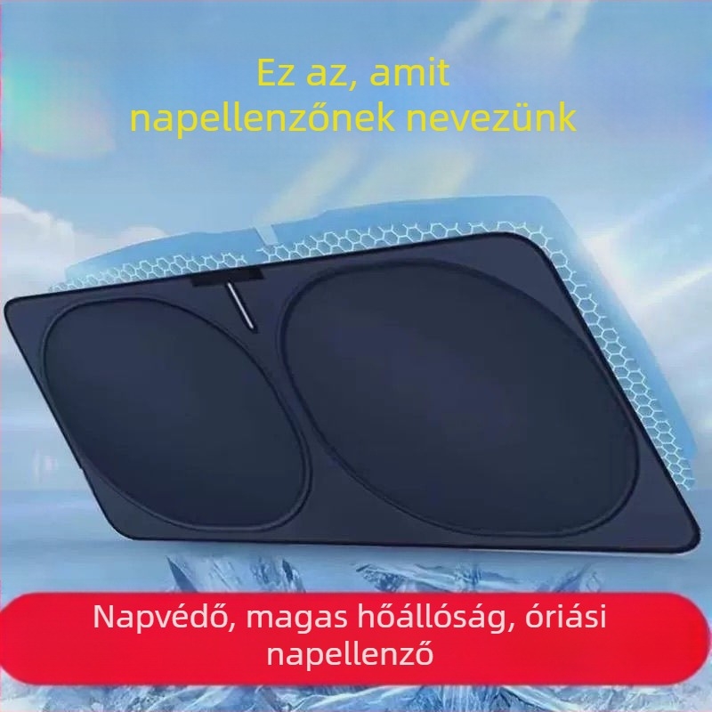 Autó napsugárvédő teleszkópos hajtogatás, alumínium fólia, ezüst bevonat hőszigetelés, logónyomtatás elérhető, univerzális minden modellhez