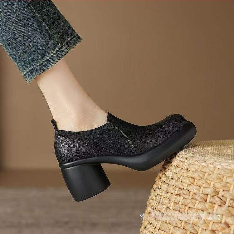 Női Mary Jane lapos cipő, kötött felsőrész és bőr panelokkal, slip-on záródás, alacsony sarok, habgumiból készült talp