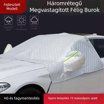 Universális első ablaktakaró autóhoz, hó és fagy elleni védelem – mágneses rögzítés, többrétegű alumínium fólia (egy-/kettős vagy háromrétegű) három ablakkal, Oxford quilt stílusú vászon, minimalist stílus