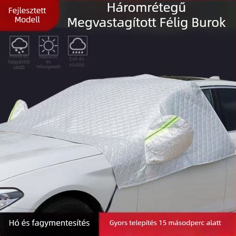 Universális első ablaktakaró autóhoz, hó és fagy elleni védelem – mágneses rögzítés, többrétegű alumínium fólia (egy-/kettős vagy háromrétegű) három ablakkal, Oxford quilt stílusú vászon, minimalist stílus