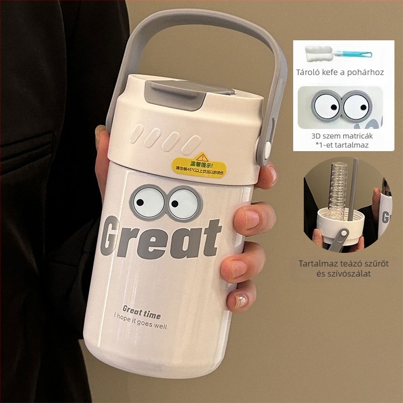 Tea- és vízelválasztó termosz pohár, belső 316 rozsdamentes acél, külső 201 rozsdamentes acél, 6–12 órás szigetelés, hordozható szívószállal, ajándékdobozos csomagolás