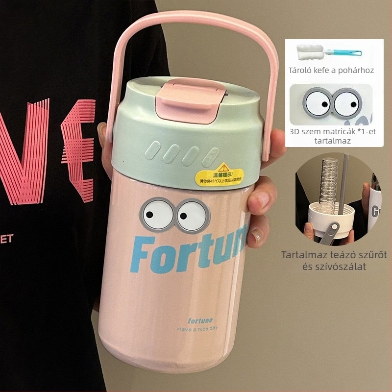 Tea- és vízelválasztó termosz pohár, belső 316 rozsdamentes acél, külső 201 rozsdamentes acél, 6–12 órás szigetelés, hordozható szívószállal, ajándékdobozos csomagolás