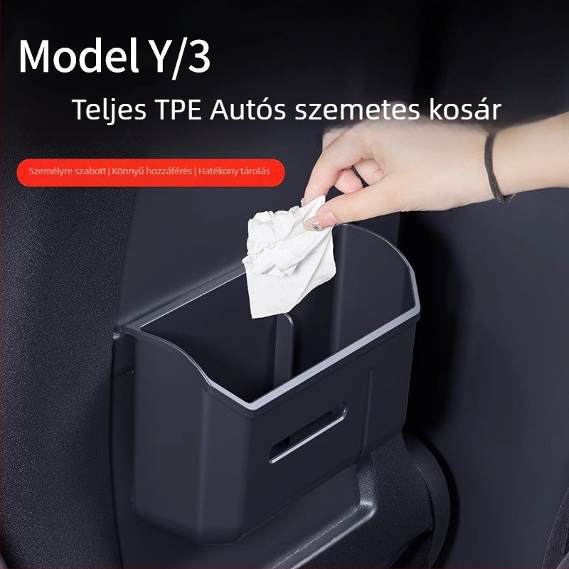 Műanyag autós szemetes Tesla Model Y/3-hoz — hátsó üléshez tartozó tárolórekesz, modell 09, testreszabás nélküli