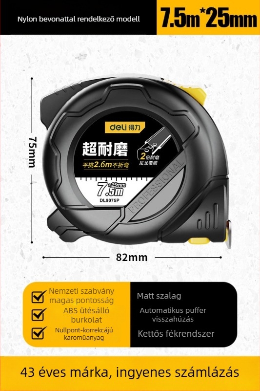 DL9003 Deli mérőszalag — ABS ház, nagy pontosságú, általános használat, mérési tartomány 2 m