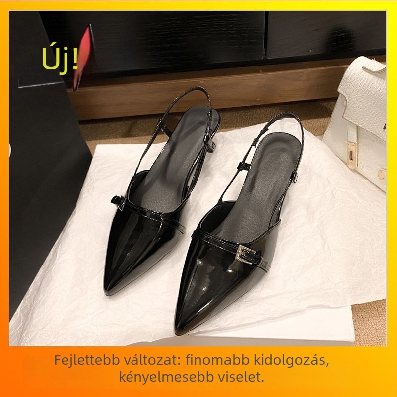 Magas sarkú cipő, hegyes orr, PU felsőrész, alacsony boka, sarokmagasság 3–5 cm, gumírozott talp