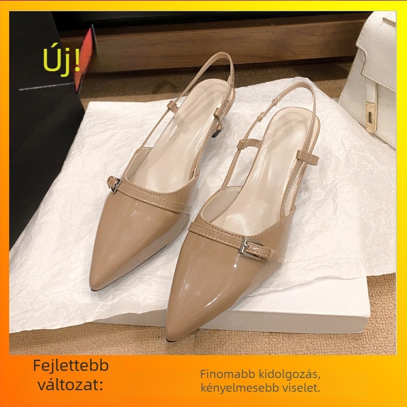 Magas sarkú cipő, hegyes orr, PU felsőrész, alacsony boka, sarokmagasság 3–5 cm, gumírozott talp