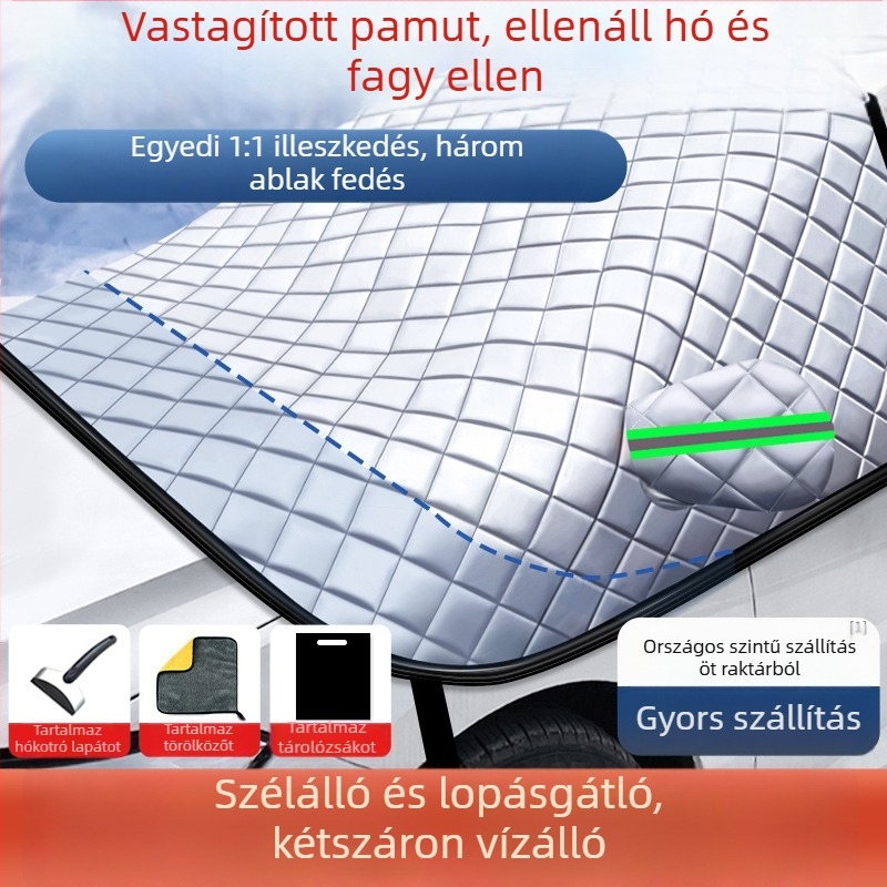 Első szélvédő téli hóvédő takaró alumíniumfóliával, kockás mintával, pattintós szerelés, univerzális illeszkedés