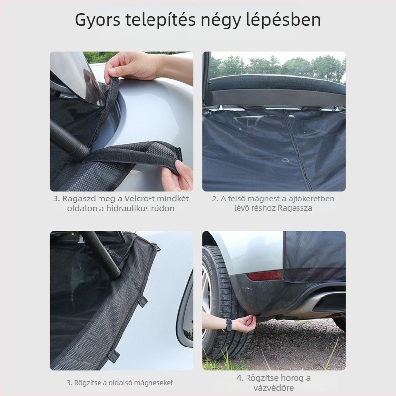 Autóhátsó csomagtartó mágneses hálófüggöny – szellőztetés és rovarvédelem; poliészter, hálónyílás 1 mm, huzalátmérő 1 mm, tartósság több mint 5 év