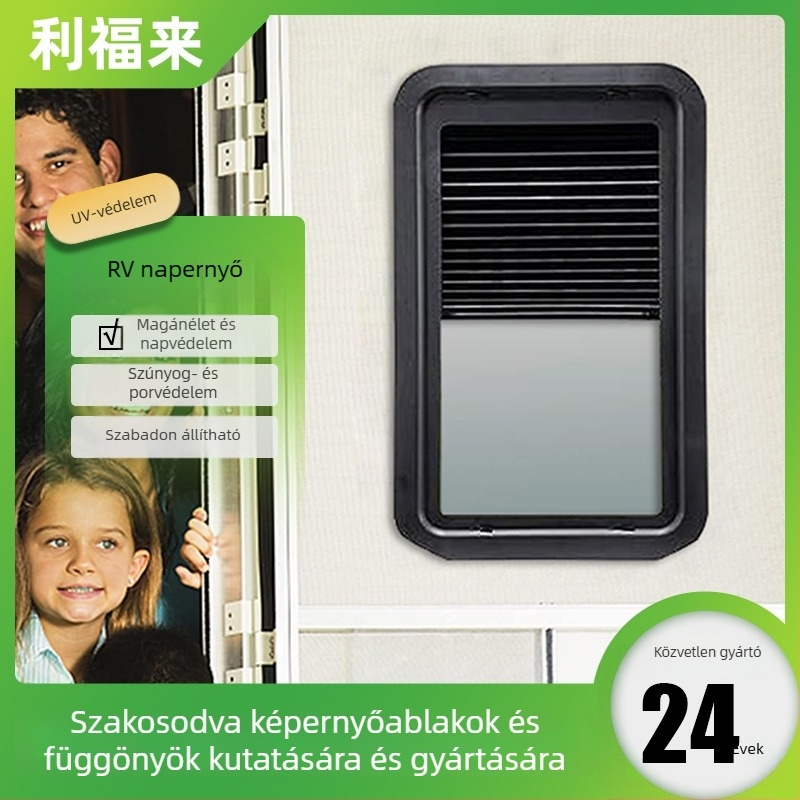UV-védett lakókocsi napvédő árnyékoló, univerzálisan kompatibil, vastag opak konstrukció, szerelés toló-nyomó típusú, testreszabás elérhető, licencelhető magáncímke