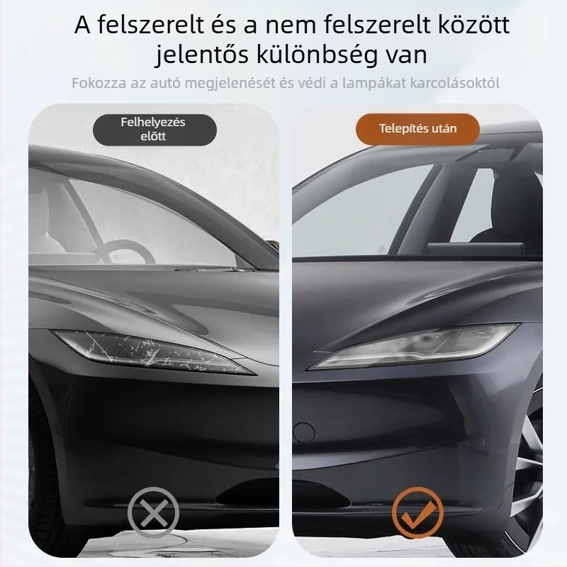 Model 3 fényszóróvédő fólia – TPU, átlátszó, lámpa matricás felület, ragasztásos telepítés
