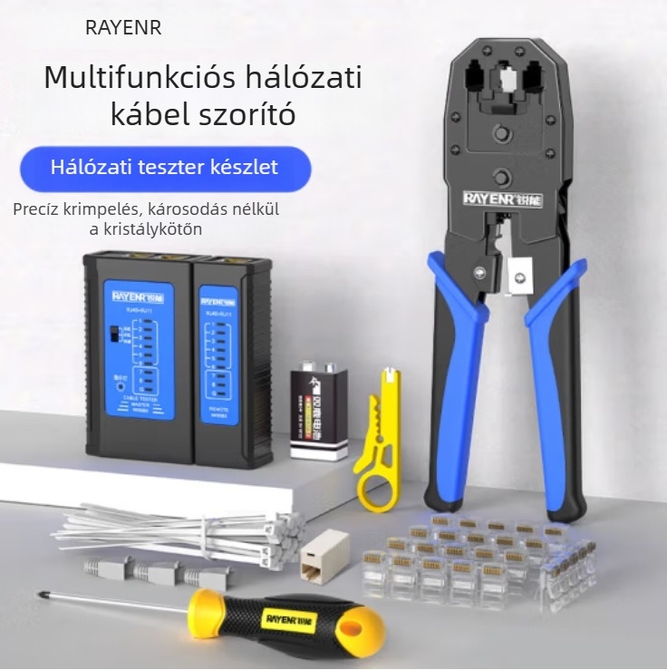 RJ45 hálózati kábel crimpelő fogó, Cat5–Cat8 kompatibilis, professzionális szint, megkönnyítő kialakítás, A3 acél, otthoni tesztelő készlet