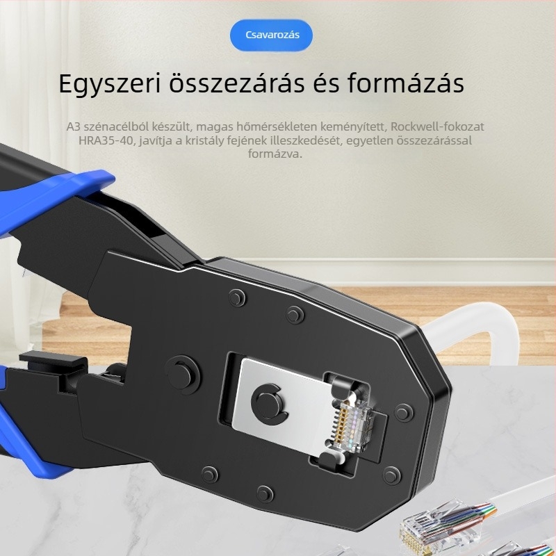 RJ45 hálózati kábel crimpelő fogó, Cat5–Cat8 kompatibilis, professzionális szint, megkönnyítő kialakítás, A3 acél, otthoni tesztelő készlet