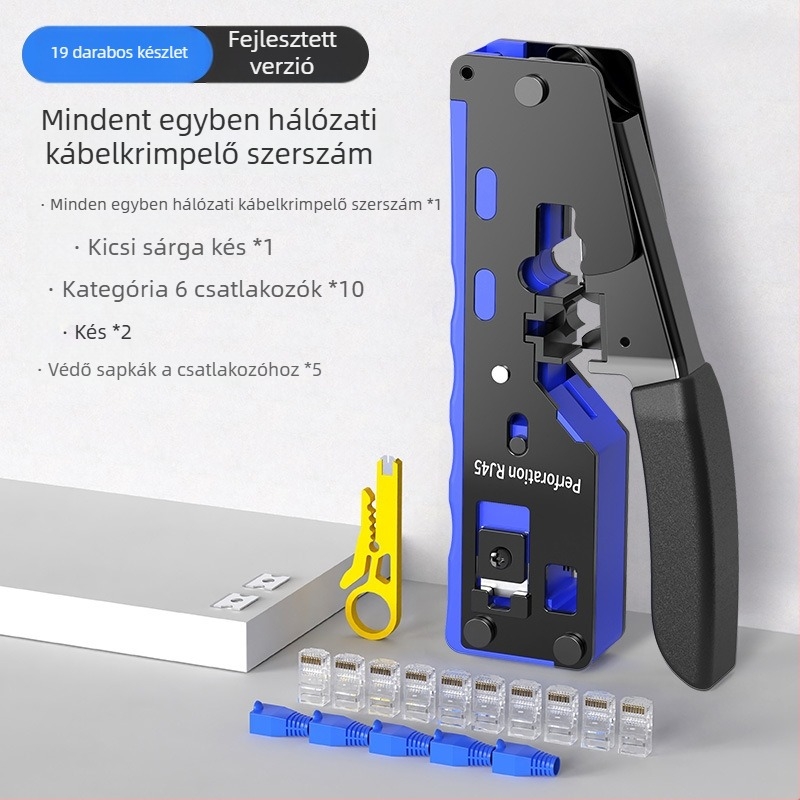 RJ45 hálózati kábel crimpelő fogó, Cat5–Cat8 kompatibilis, professzionális szint, megkönnyítő kialakítás, A3 acél, otthoni tesztelő készlet