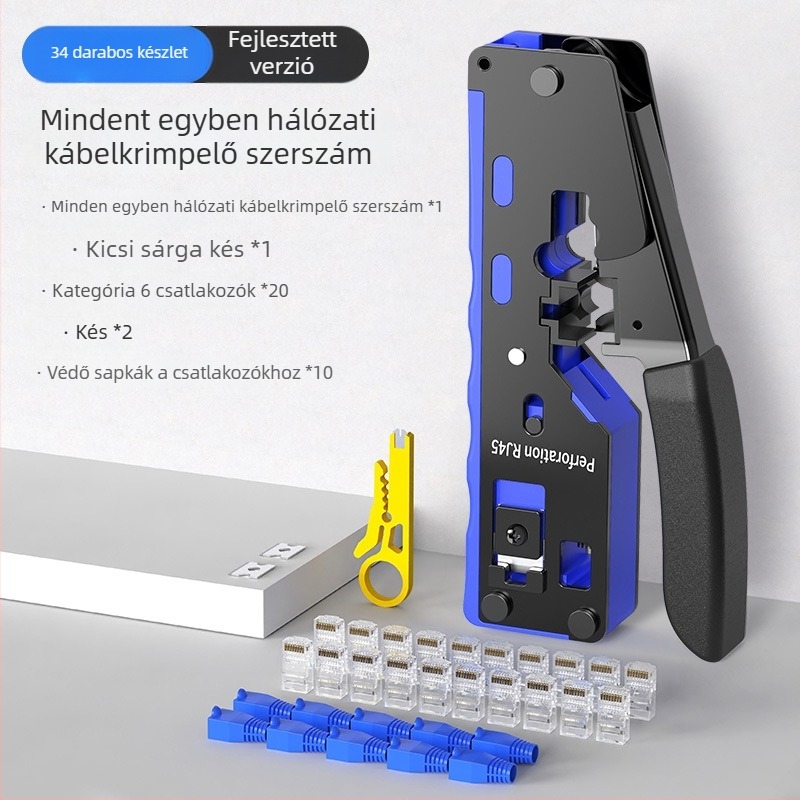 RJ45 hálózati kábel crimpelő fogó, Cat5–Cat8 kompatibilis, professzionális szint, megkönnyítő kialakítás, A3 acél, otthoni tesztelő készlet