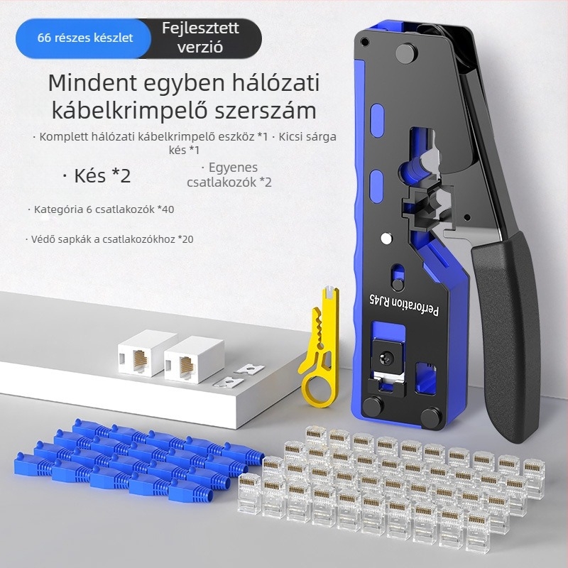 RJ45 hálózati kábel crimpelő fogó, Cat5–Cat8 kompatibilis, professzionális szint, megkönnyítő kialakítás, A3 acél, otthoni tesztelő készlet