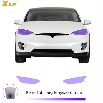 Tesla Model X TPU fényszóró fólia, fényhatásra változó szín, önhelyreállító, karcolásálló, fehérből lila felé.