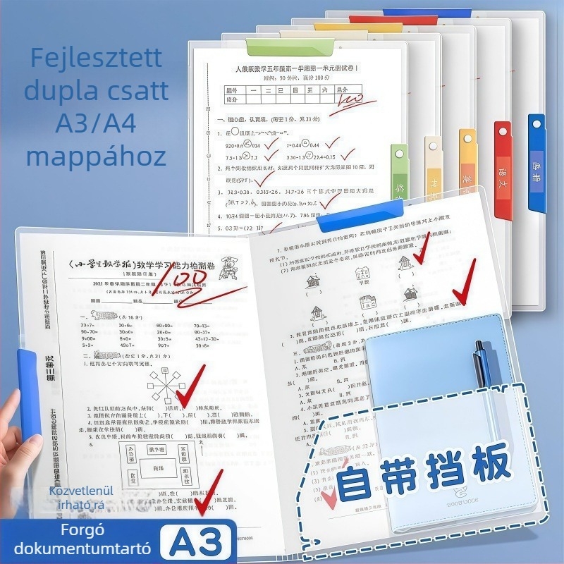 A3-as dupla vonóhengeres mappa, forgó dokumentum rendező diákoknak, modell 4238, PP anyag, rúdcsipesz, hátoldal szélesség 24 cm, lemez vastagsága 0,1 cm
