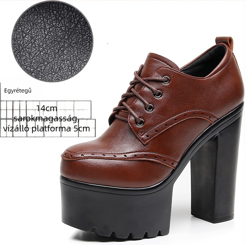 Női brogues cipő fűzővel - kerek orrú, kétszeres marhabőr felsőrész, masszív magas sarok, mikrofiber bélés
