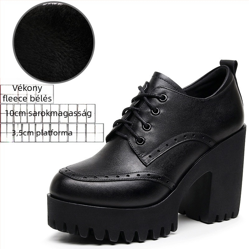 Női brogues cipő fűzővel - kerek orrú, kétszeres marhabőr felsőrész, masszív magas sarok, mikrofiber bélés