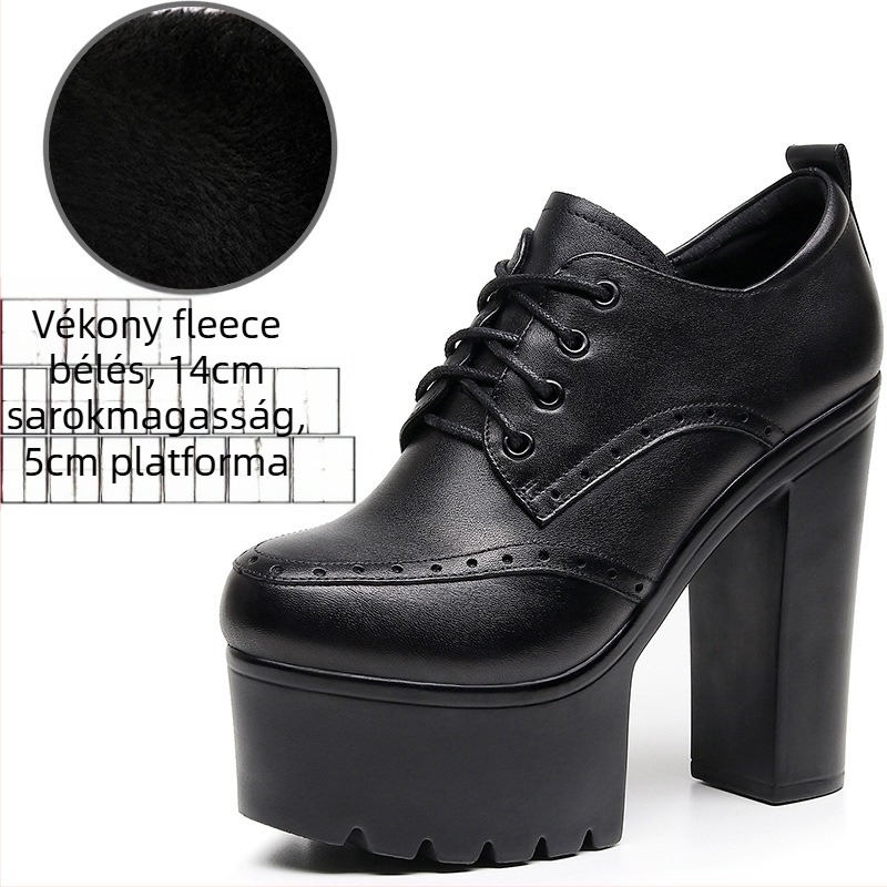 Női brogues cipő fűzővel - kerek orrú, kétszeres marhabőr felsőrész, masszív magas sarok, mikrofiber bélés