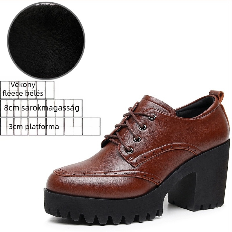 Női brogues cipő fűzővel - kerek orrú, kétszeres marhabőr felsőrész, masszív magas sarok, mikrofiber bélés