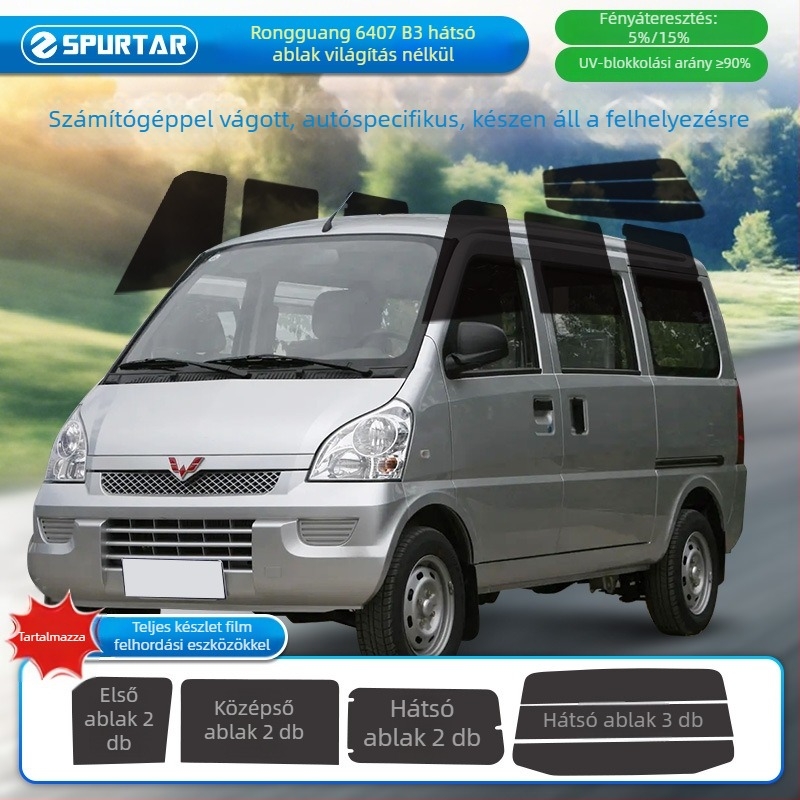 Wuling Rongguang 6407 B3 autóablakokhoz termikus szigetelő fólia — teljes jármű üvegfelületei, áteresztés <30%, hőszigetelés 69.8%, UV védelem 98.5%