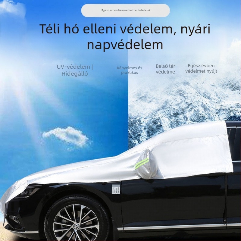 Fél autófedele az első szélvédőhöz – alumínium fólia, napsütés elleni védelem, hőszigetelés, esővédő, statikus matricával történő rögzítés