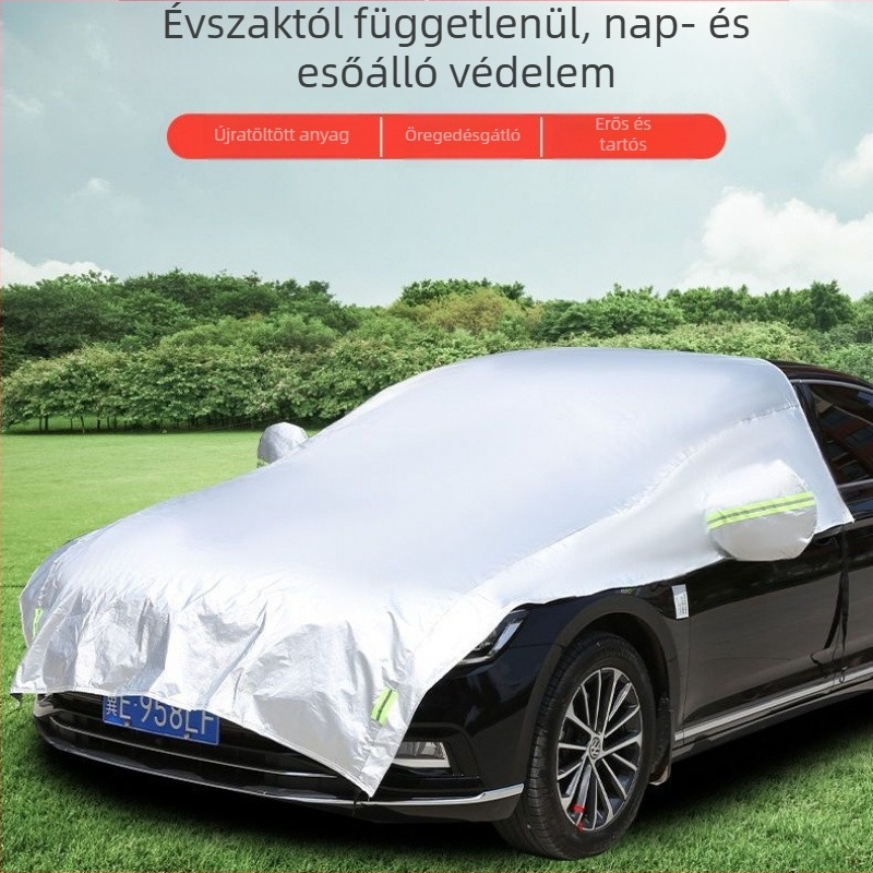 Fél autófedele az első szélvédőhöz – alumínium fólia, napsütés elleni védelem, hőszigetelés, esővédő, statikus matricával történő rögzítés