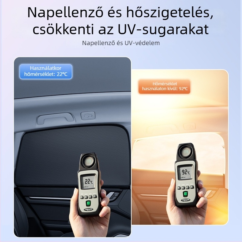 Autóba való napvédő függöny mágneses rögzítéssel, ezüst bevonatú textile és acélhuzal, univerzális kompatibilitás, Along the Way márka, logó nyomtatás és testreszabás elérhető