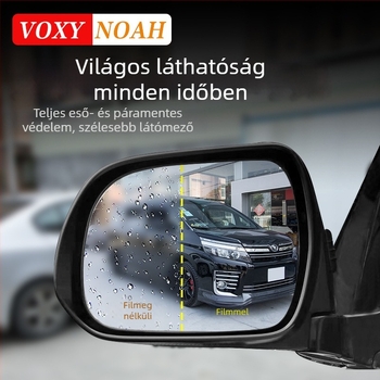 Hátsó tükör eső- és páramentesítő film; Anyag: PP fólia; Ragasztás: paszta; Modell: hátsó tükör eső- és páramentesítő film