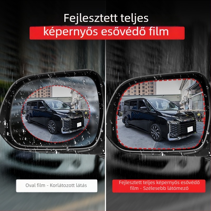 Hátsó tükör eső- és páramentesítő film; Anyag: PP fólia; Ragasztás: paszta; Modell: hátsó tükör eső- és páramentesítő film