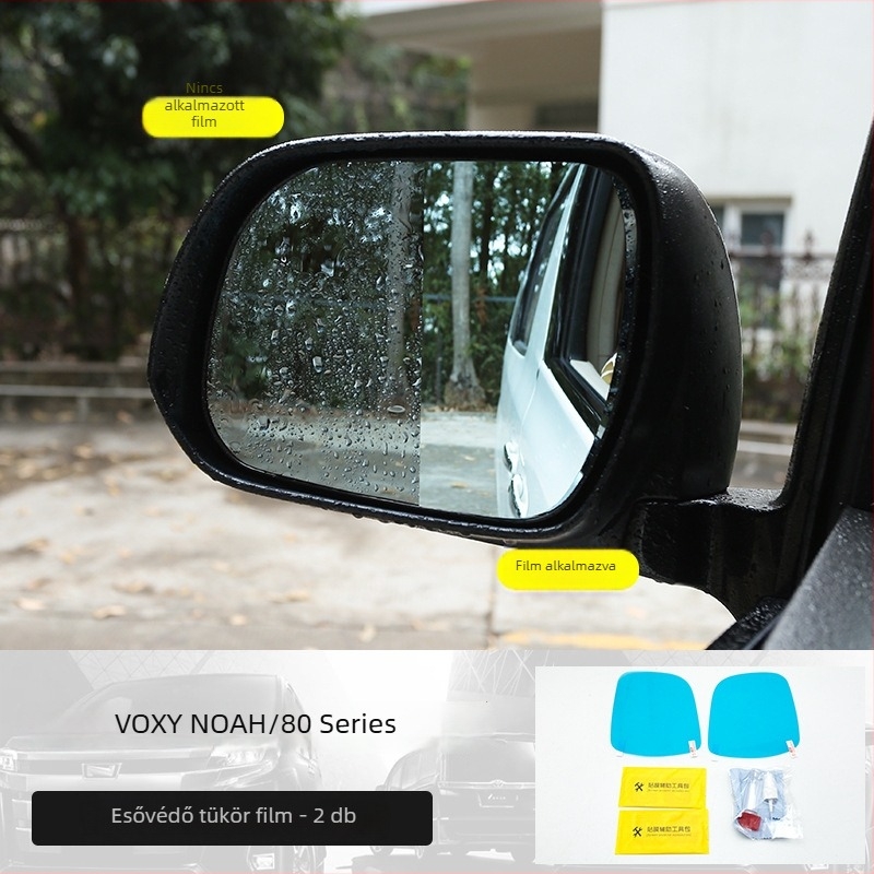 Hátsó tükör eső- és páramentesítő film; Anyag: PP fólia; Ragasztás: paszta; Modell: hátsó tükör eső- és páramentesítő film