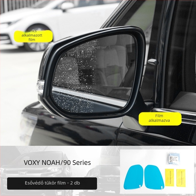 Hátsó tükör eső- és páramentesítő film; Anyag: PP fólia; Ragasztás: paszta; Modell: hátsó tükör eső- és páramentesítő film