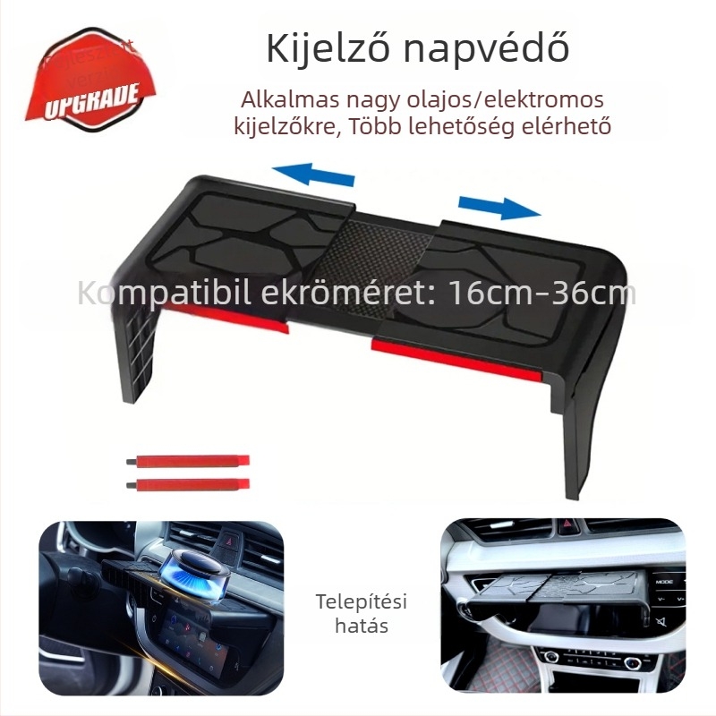Autó navigációs napellenző panel anti‑glare résszel, hátrameneti kijelző, teleszkópos szerelés, műanyag kivitel, univerzális illeszkedés