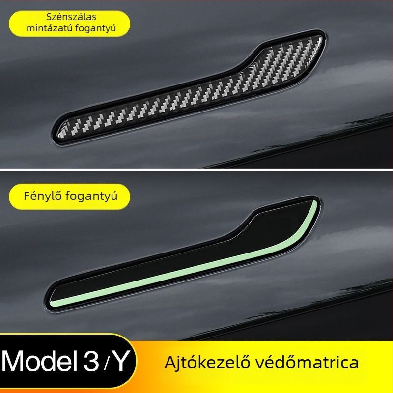 Tesla Model 3/Y ajtókilincs anti-karcolás védő, karbon textúra, világító felület, öntapadós telepítés