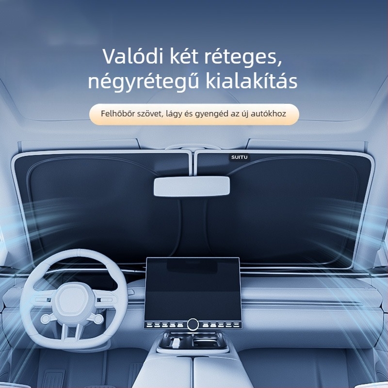 Autó napvédő roló, dupla rétegű kialakítás, hőszigetelés, kártya-beépítéses telepítés, univerzális első szélvédőre illeszkedik, logó nyomtatása elérhető