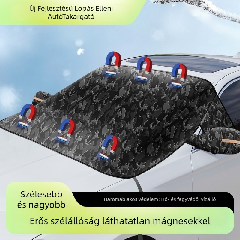Autó első szélvédőjének hóvédő huzat, Oxford anyag, univerzális, vastagított és egyszerű stílus, 650 g, rögzítés hevederrel és mágneses rögzítéssel