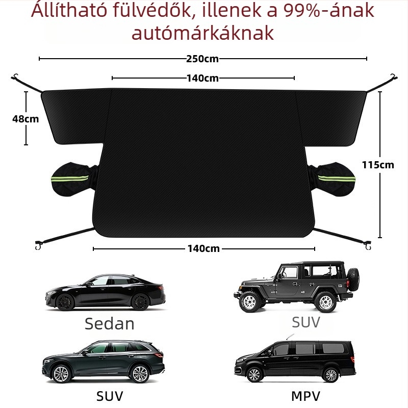 Téli autószélvédő hóvédő Oxford anyagból, beépített telepítés, univerzális illeszkedés, rács mintázat, 0,4 kg