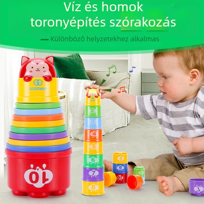 Műanyag pohártorony babáknak – GOODWAY/Gu Yu, 0–3 éveseknek, oktató fejlesztő játék, vízi játék