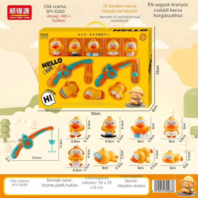 Gyerekeknek szánt fürdővízes horgász készlet kacsákkal, 10 darab, két bottal, 3–6 éveseknek, ablakkal ellátott doboz