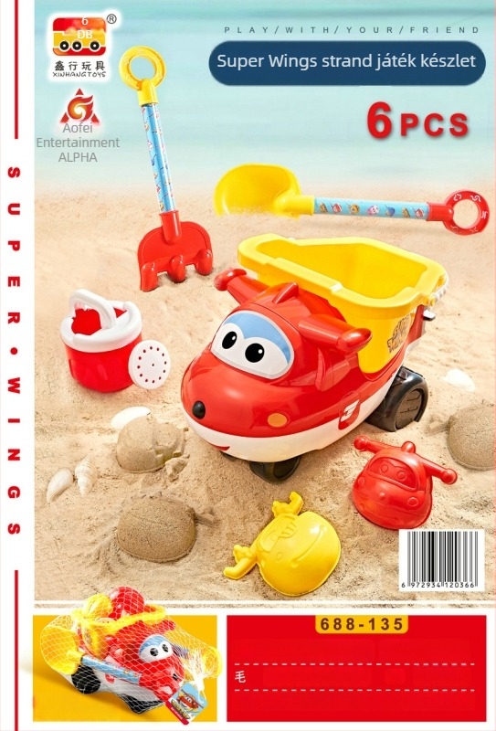 Xinxing 6 darabos műanyag tengerparti buggy készlet (Modell 688-135) — homokozó eszközök, hálós zacskóba csomagolva, 4–6 éveseknek