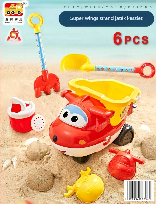 Xinxing 6 darabos műanyag tengerparti buggy készlet (Modell 688-135) — homokozó eszközök, hálós zacskóba csomagolva, 4–6 éveseknek