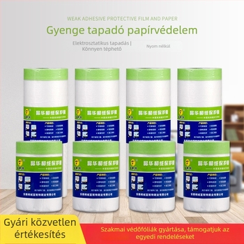 Alacsony ragasztóú papír alapú maszkoló fólia spray festéshez – 0,6 μm vastagság; gyenge ragadóságú papír + PE film; ragasztó Jinghua; magas átlátszóság; ideális művészeti falakhoz és bútorvédelemhez