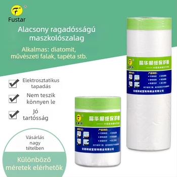 Alacsony ragasztóú papír alapú maszkoló fólia spray festéshez – 0,6 μm vastagság; gyenge ragadóságú papír + PE film; ragasztó Jinghua; magas átlátszóság; ideális művészeti falakhoz és bútorvédelemhez