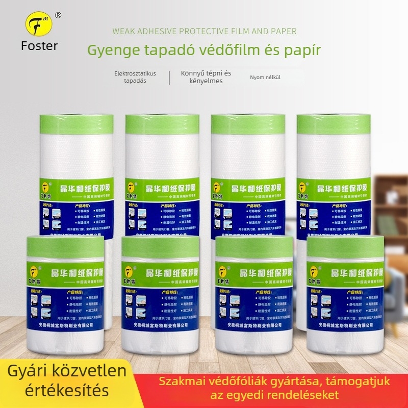 Alacsony ragasztóú papír alapú maszkoló fólia spray festéshez – 0,6 μm vastagság; gyenge ragadóságú papír + PE film; ragasztó Jinghua; magas átlátszóság; ideális művészeti falakhoz és bútorvédelemhez